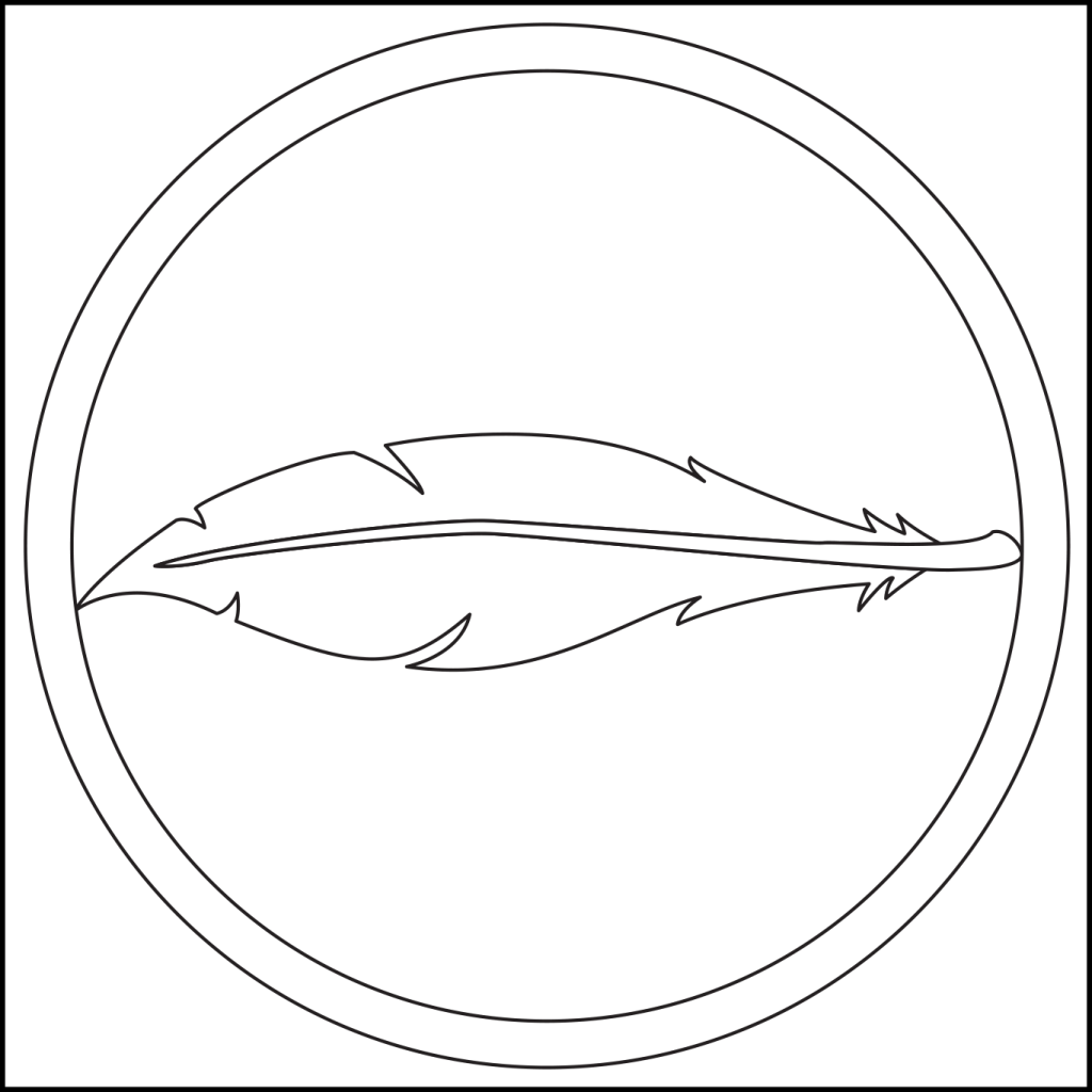 (Fieldless) A feather fesswise within and conjoined to an annulet argent