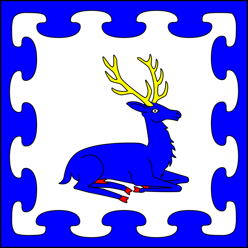 Argent, a stag lodged contourny azure attired Or and a bordure nebuly azure