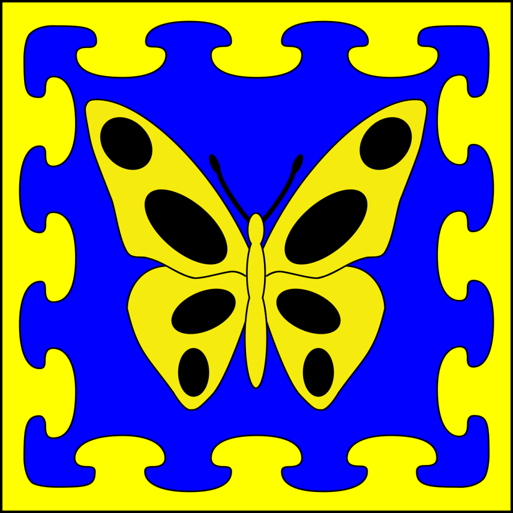 Azure, a butterfly Or marked sable within a bordure nebuly Or