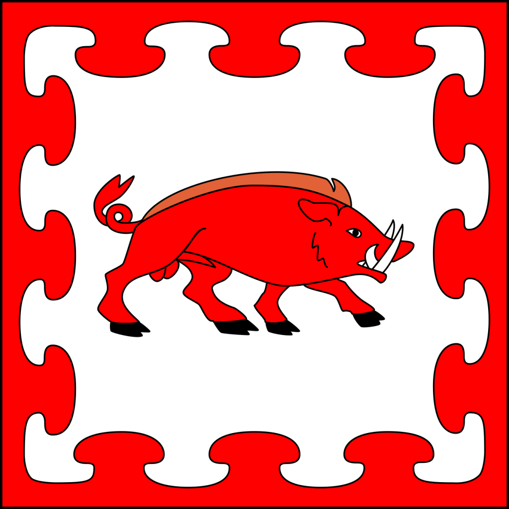 Argent, a boar statant to sinister and a bordure nebuly gules