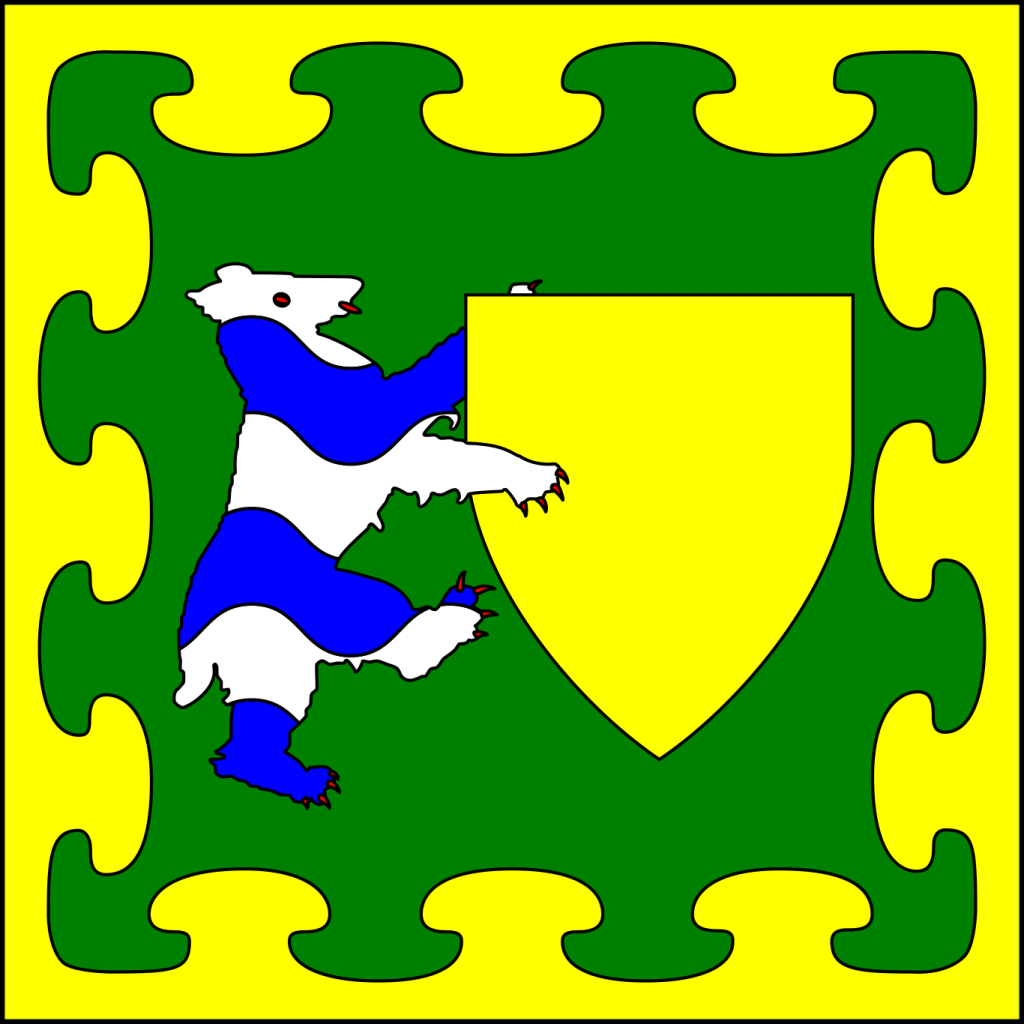 Vert, in fess a bear rampant contourny barry wavy argent and azure sustaining an escutcheon, a bordure nebuly Or